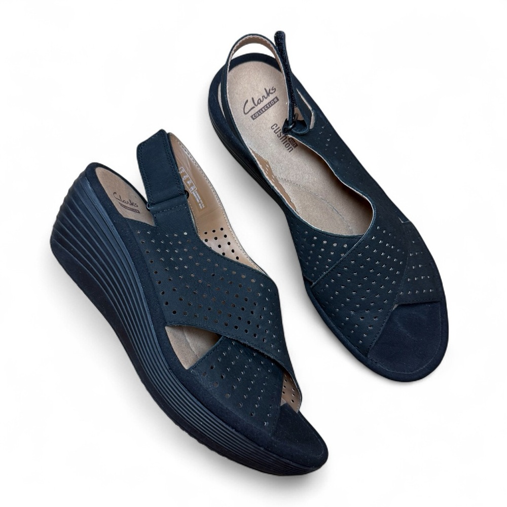 Clarks Women's Black Suede Wedge - Comfy Sandals - US Size 8.5 M